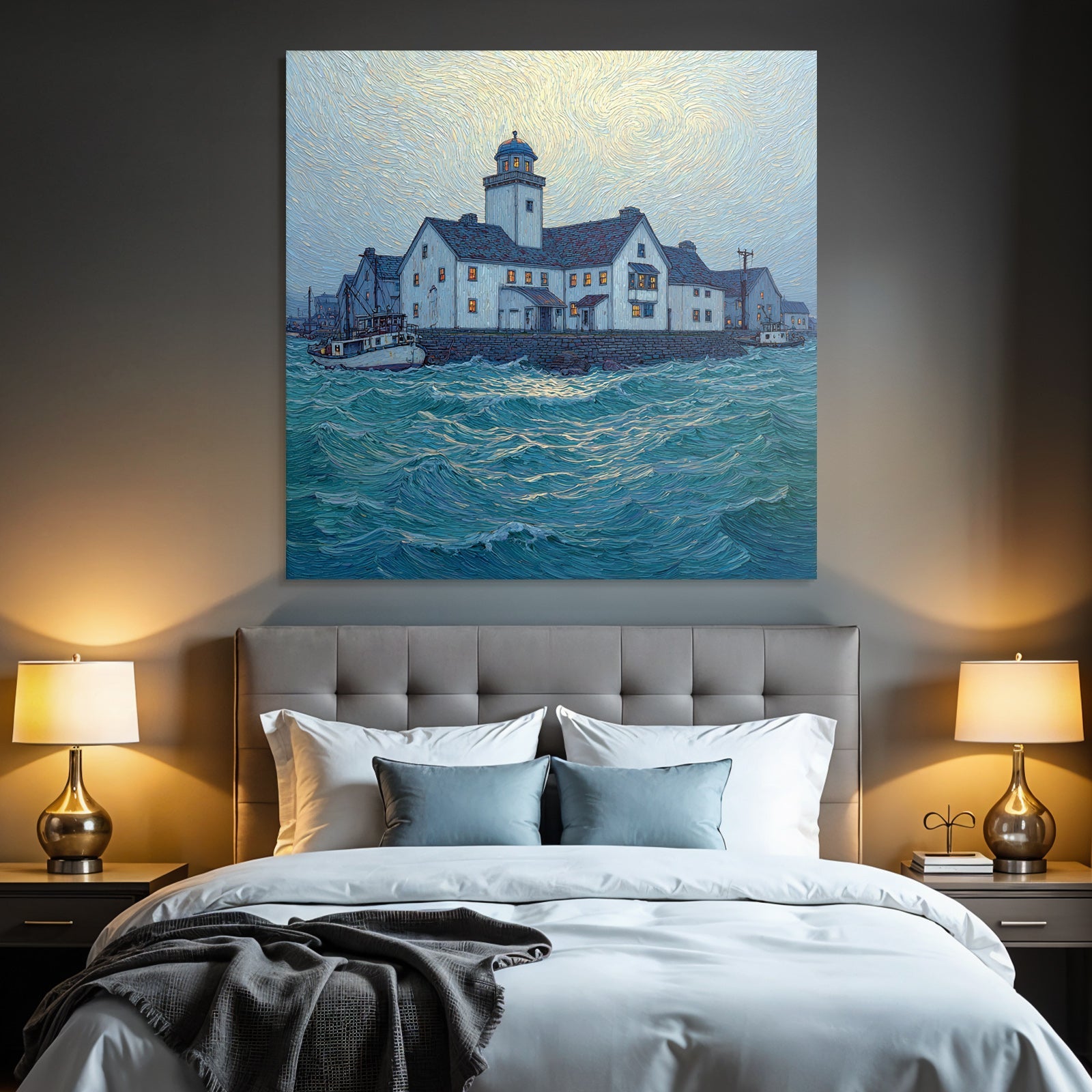 Blau Küstenszene Leuchtturm Und Gebaude Dusk Dawn Van Gogh Style