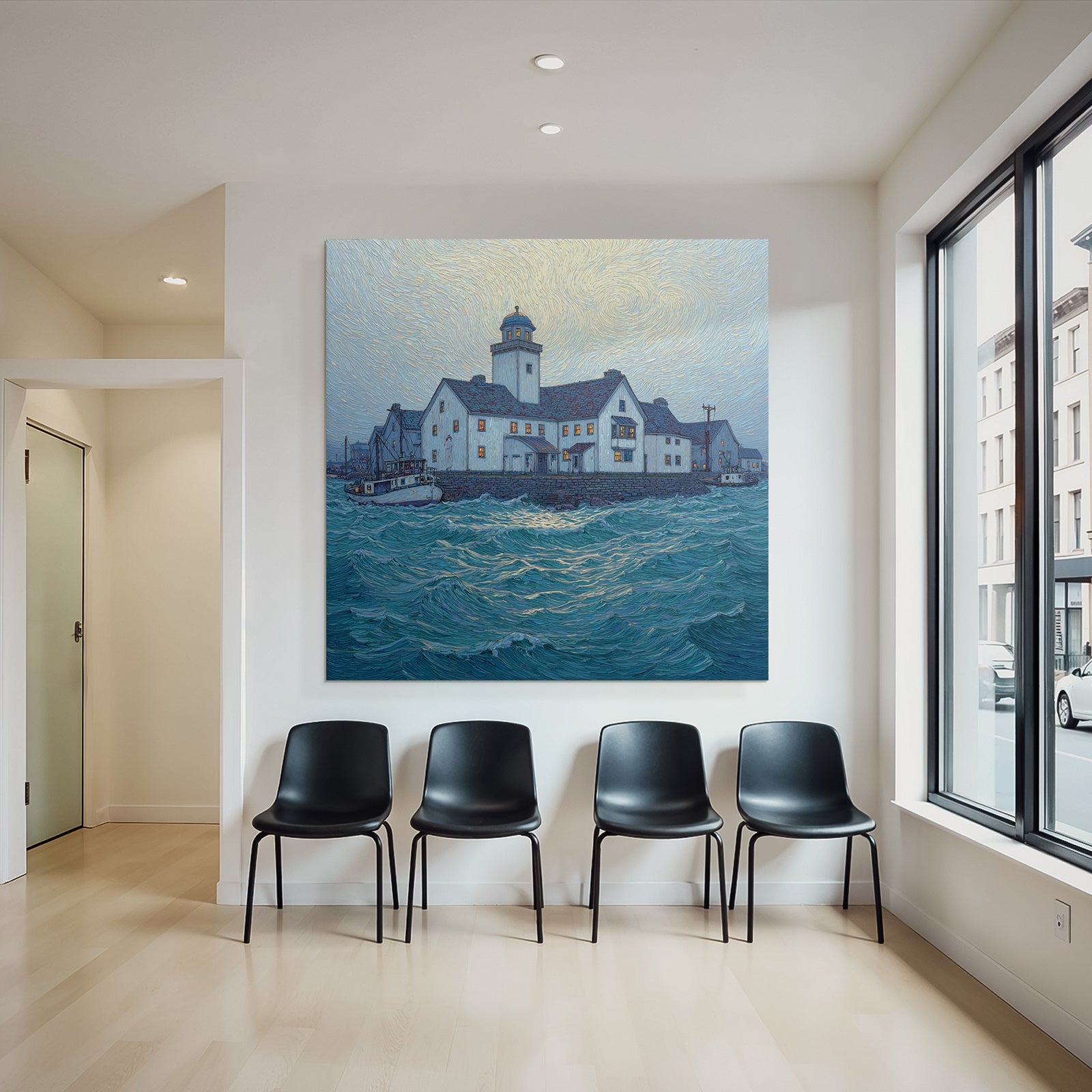Blau Küstenszene Leuchtturm Und Gebaude Dusk Dawn Van Gogh Style