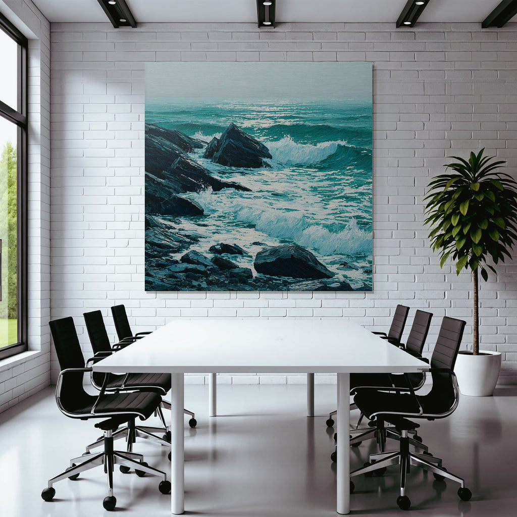 Blau Küstenszene Mit Wellen Und Felsen Malerei