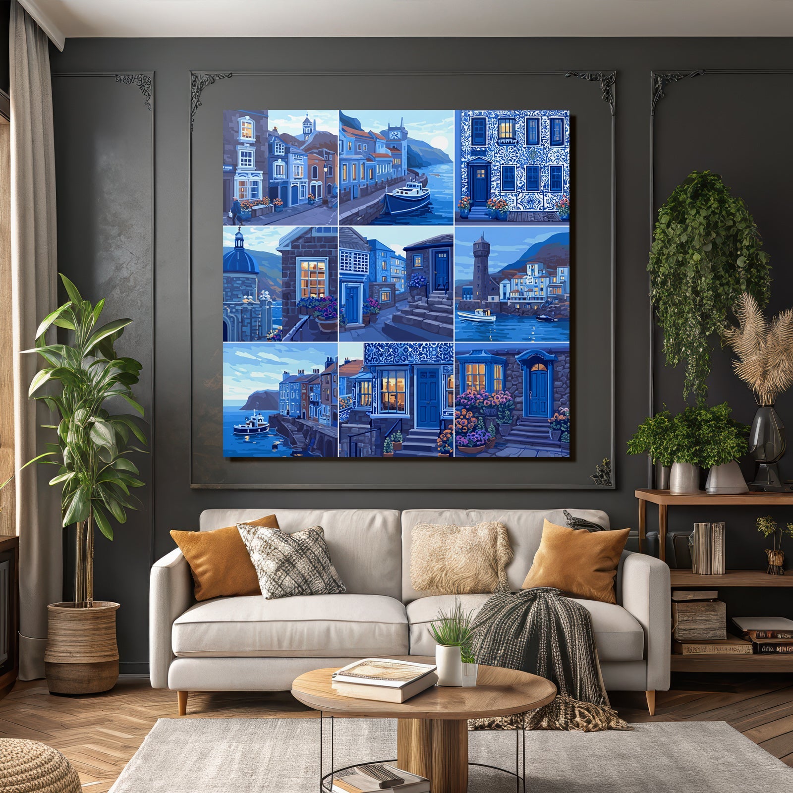 Blau Küstenszenen Coastal Town Malerei Neun Panel Illustration