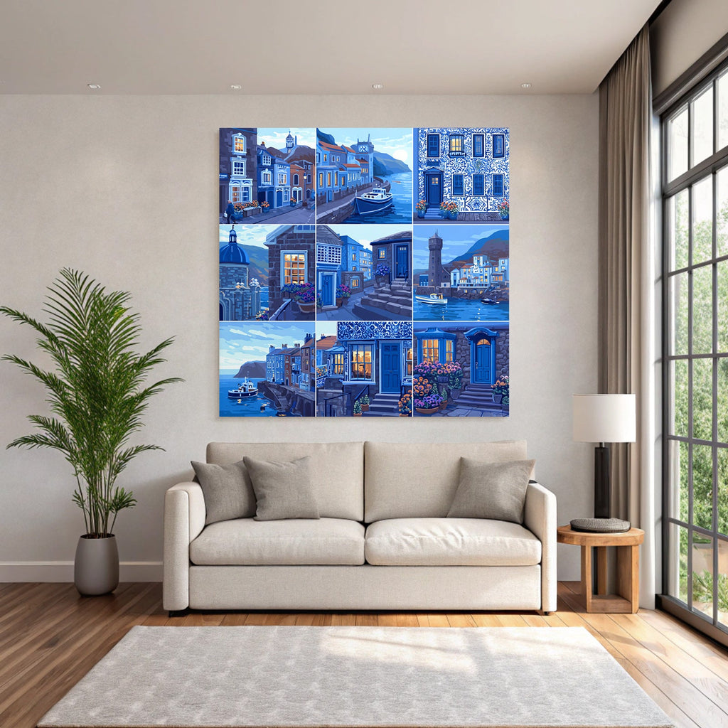 Blau Küstenszenen Coastal Town Malerei Neun Panel Illustration