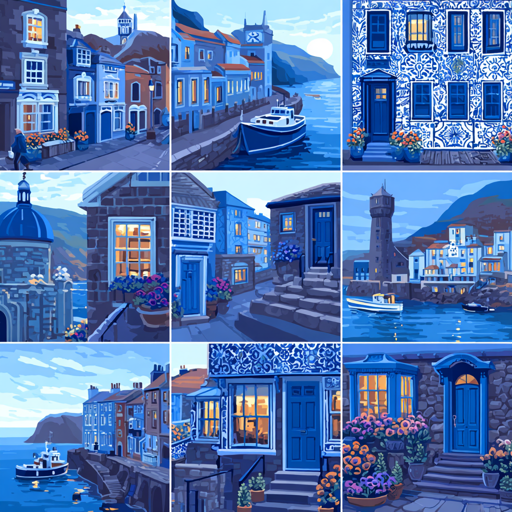 Blau Küstenszenen Coastal Town Malerei Neun Panel Illustration | Petrol Maritim Delfter Blau | Farbenwelten