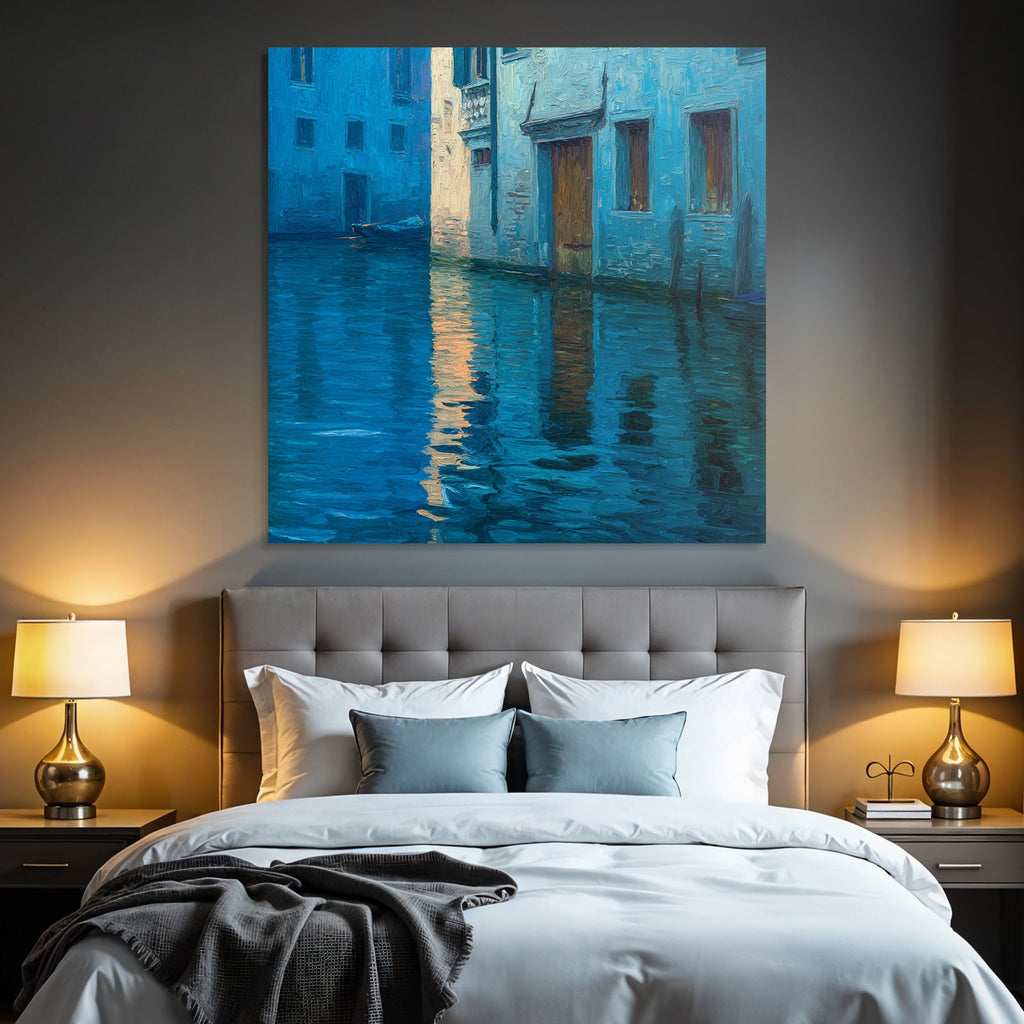 Blau Ruhige Wasserstrasse Mit Gebäuden Impressionistische Darstellung