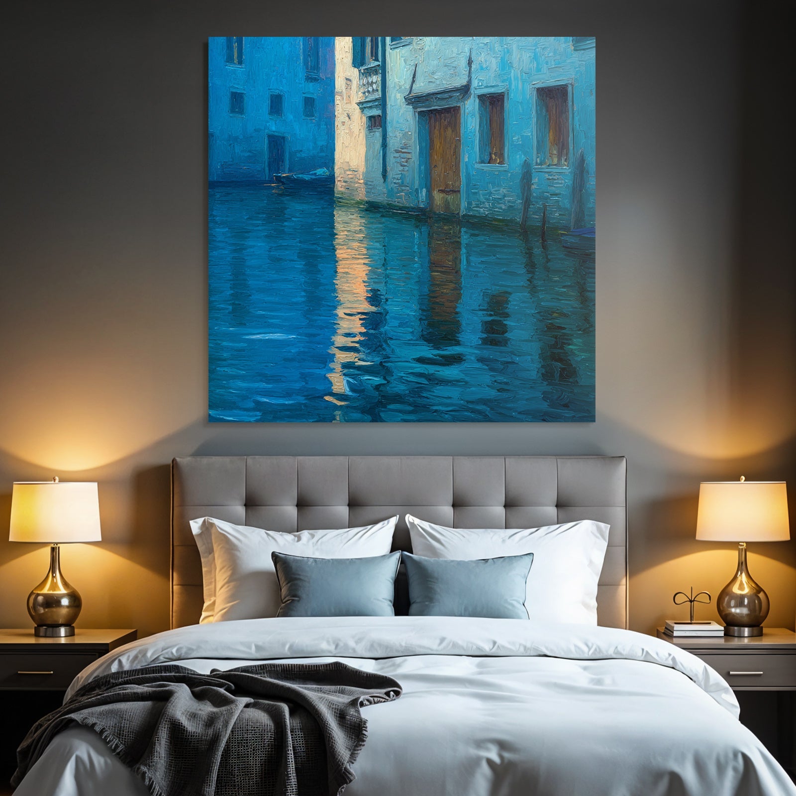 Blau Ruhige Wasserstrasse Mit Gebäuden Impressionistische Darstellung