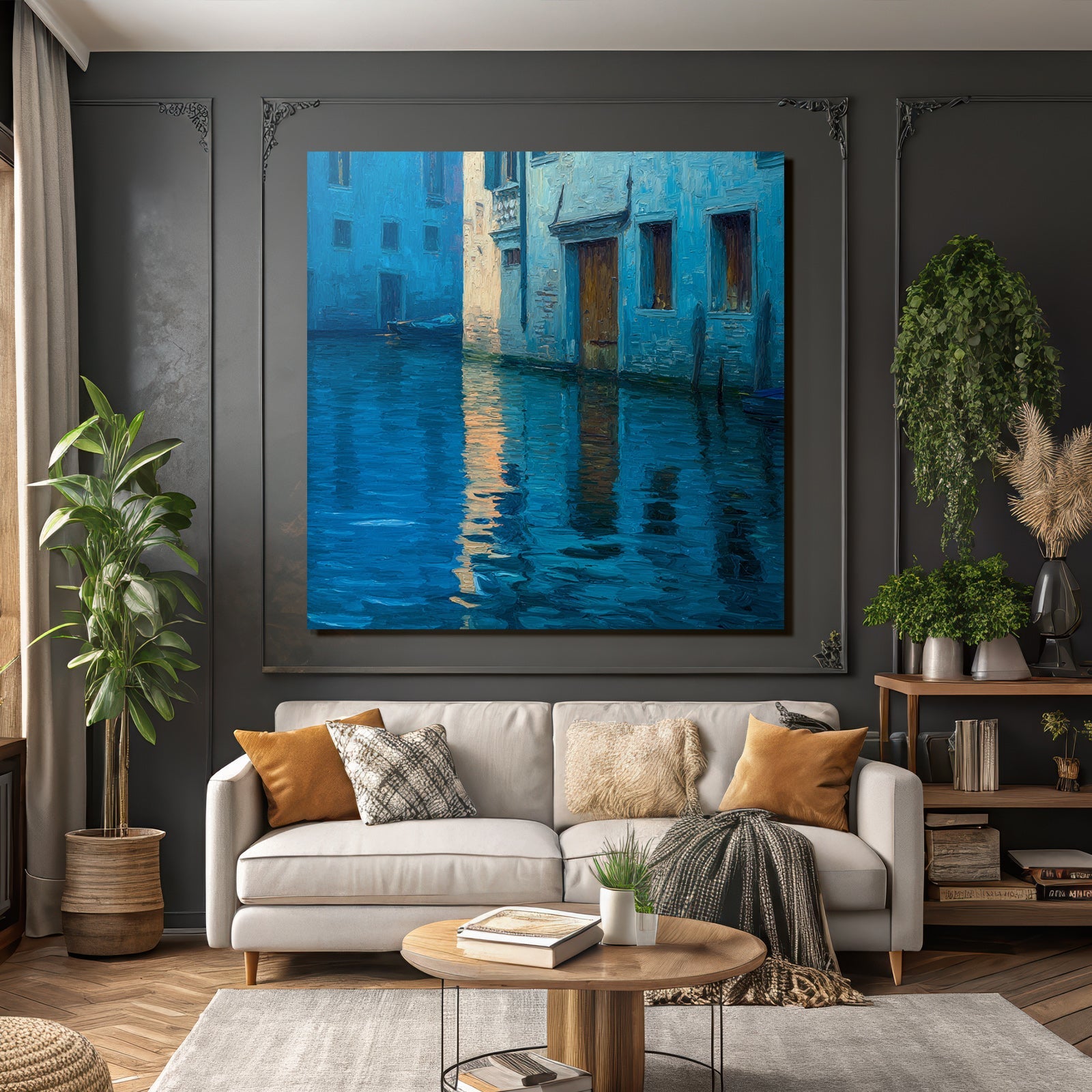 Blau Ruhige Wasserstrasse Mit Gebäuden Impressionistische Darstellung