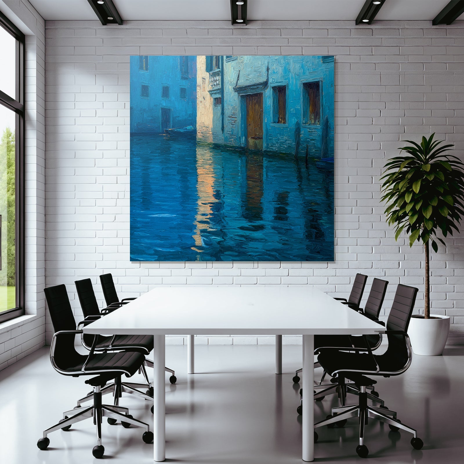 Blau Ruhige Wasserstrasse Mit Gebäuden Impressionistische Darstellung
