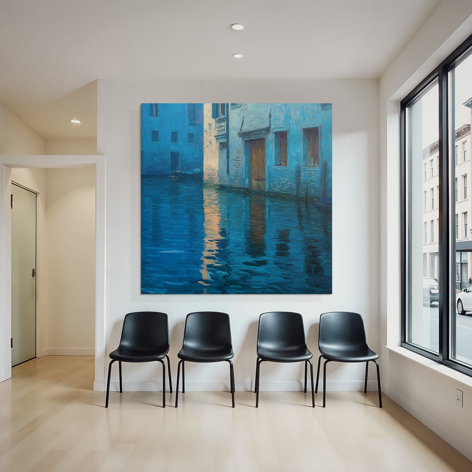 Blau Ruhige Wasserstrasse Mit Gebäuden Impressionistische Darstellung