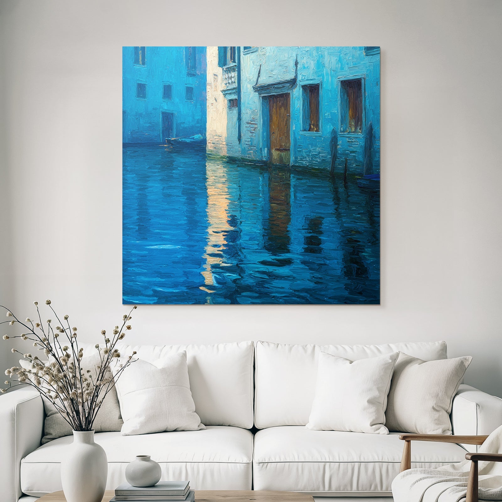Blau Ruhige Wasserstrasse Mit Gebäuden Impressionistische Darstellung