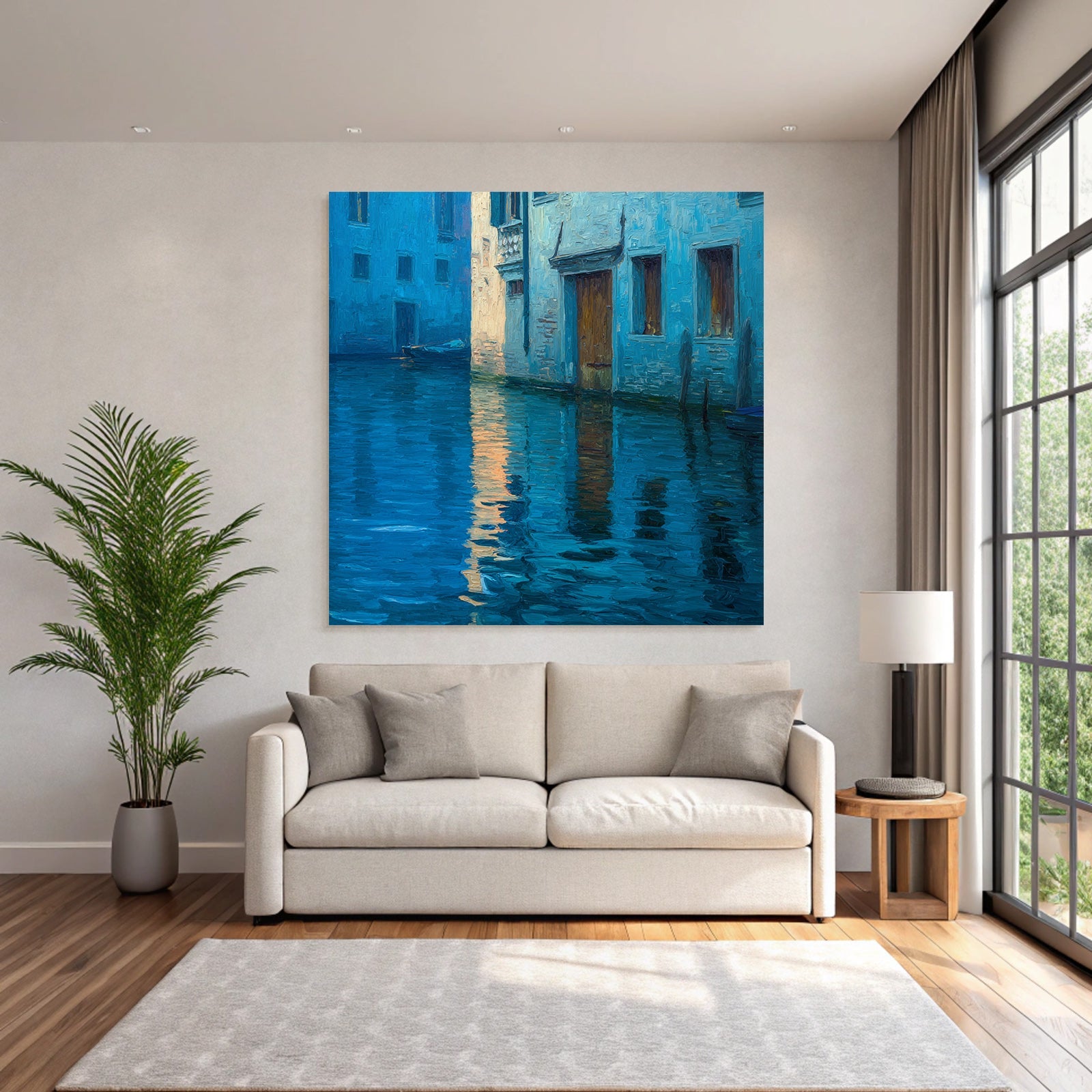 Blau Ruhige Wasserstrasse Mit Gebäuden Impressionistische Darstellung