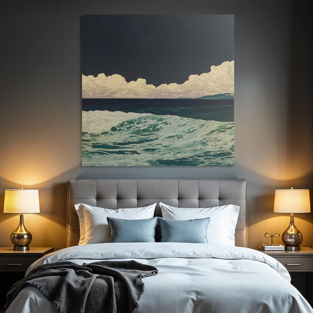 Blau Stylisierte Meeresszene Rolling Wellen Drama Cloud Formationen Dunkler Himmel