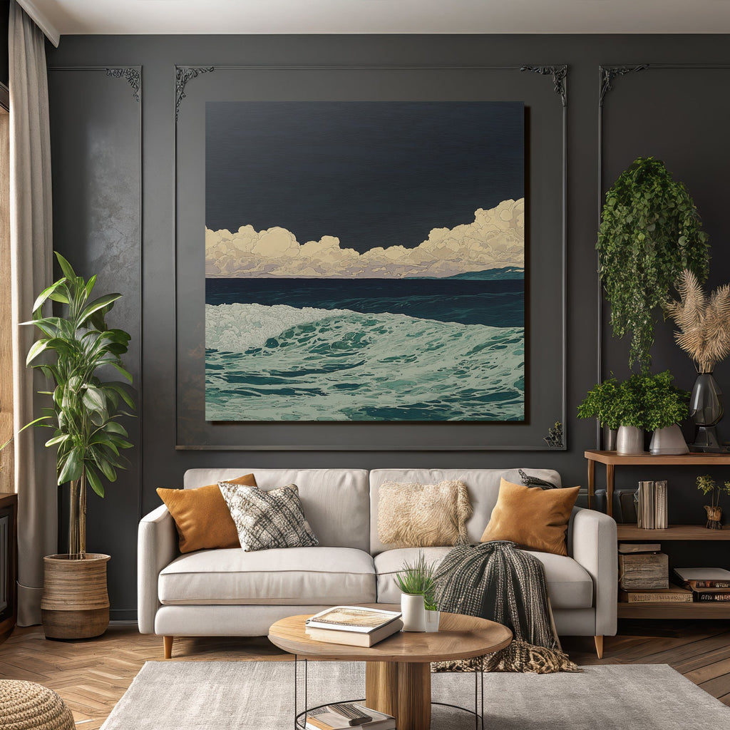 Blau Stylisierte Meeresszene Rolling Wellen Drama Cloud Formationen Dunkler Himmel