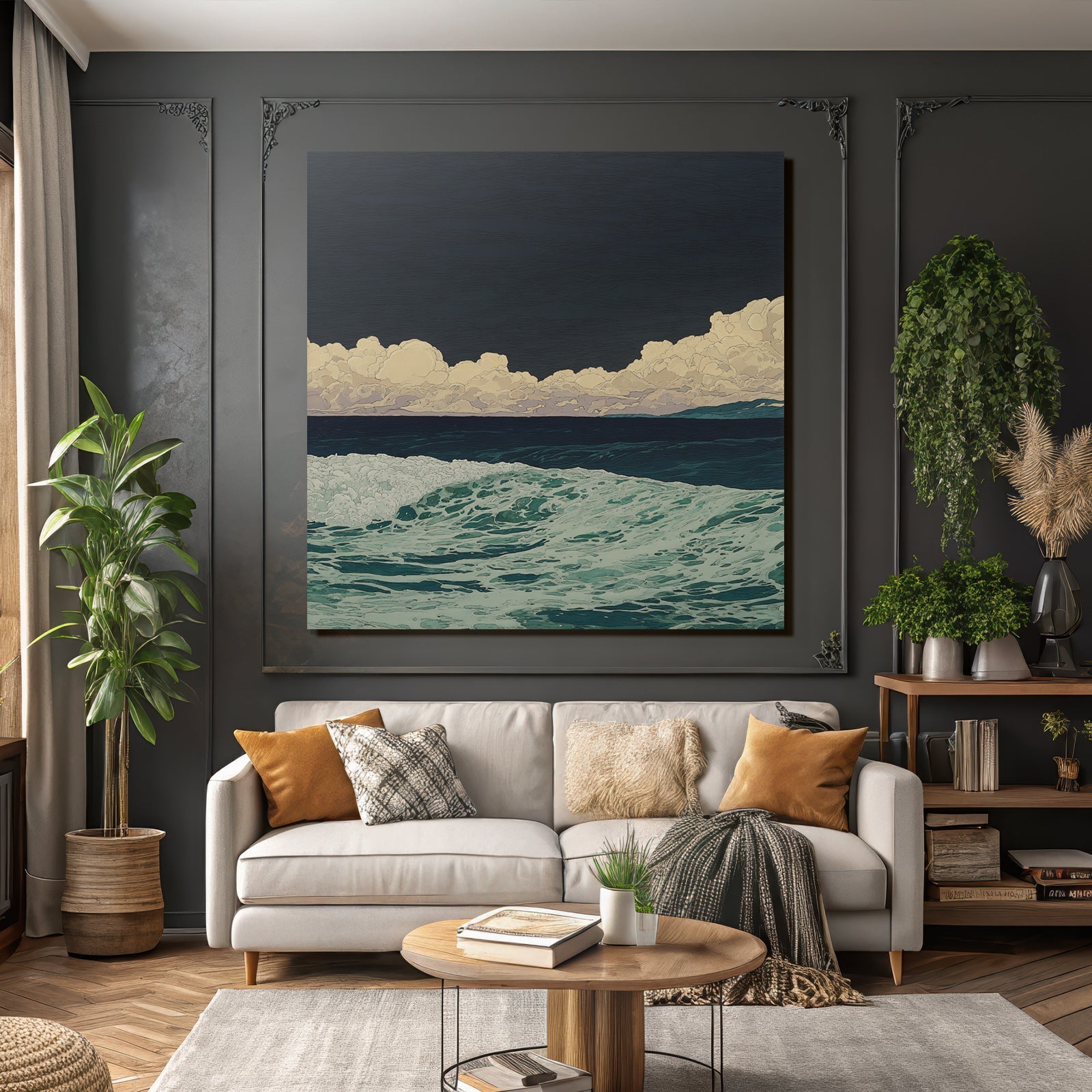 Blau Stylisierte Meeresszene Rolling Wellen Drama Cloud Formationen Dunkler Himmel