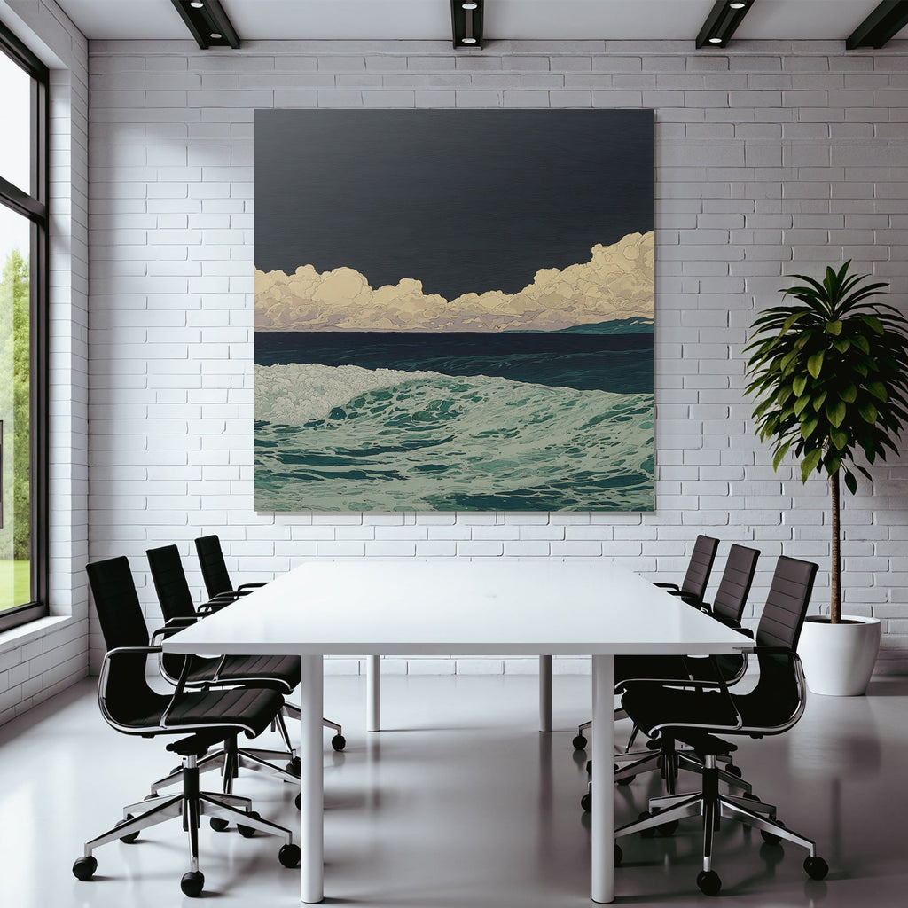 Blau Stylisierte Meeresszene Rolling Wellen Drama Cloud Formationen Dunkler Himmel