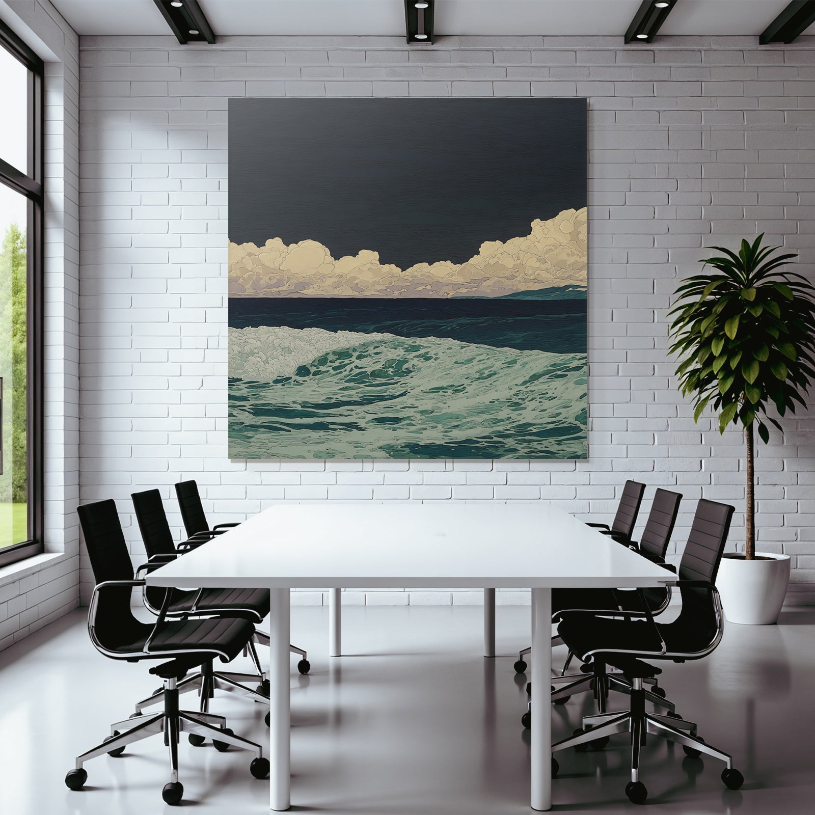 Blau Stylisierte Meeresszene Rolling Wellen Drama Cloud Formationen Dunkler Himmel