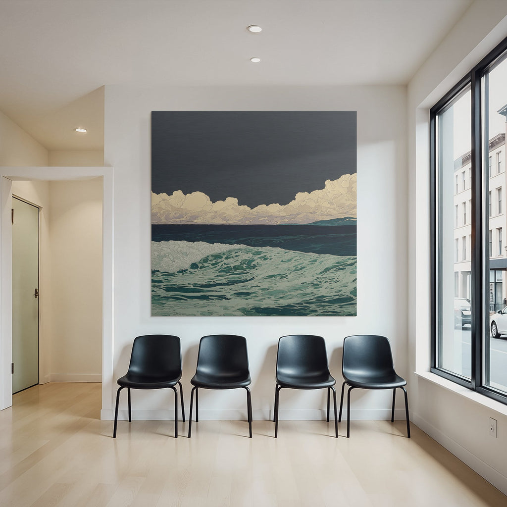 Blau Stylisierte Meeresszene Rolling Wellen Drama Cloud Formationen Dunkler Himmel