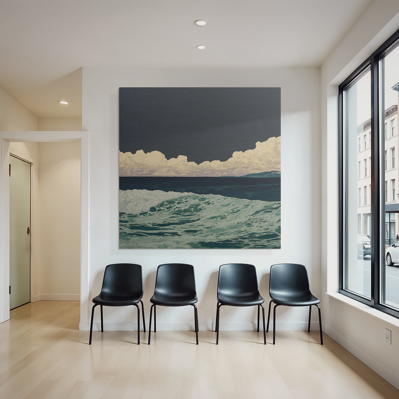 Blau Stylisierte Meeresszene Rolling Wellen Drama Cloud Formationen Dunkler Himmel