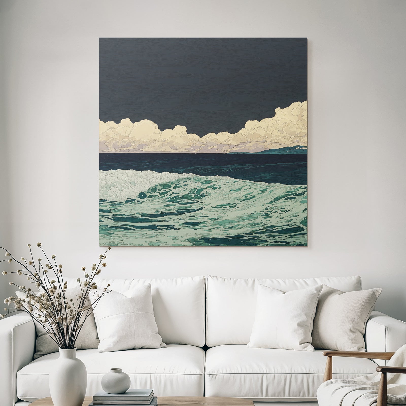 Blau Stylisierte Meeresszene Rolling Wellen Drama Cloud Formationen Dunkler Himmel