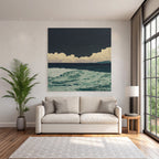 Blau Stylisierte Meeresszene Rolling Wellen Drama Cloud Formationen Dunkler Himmel