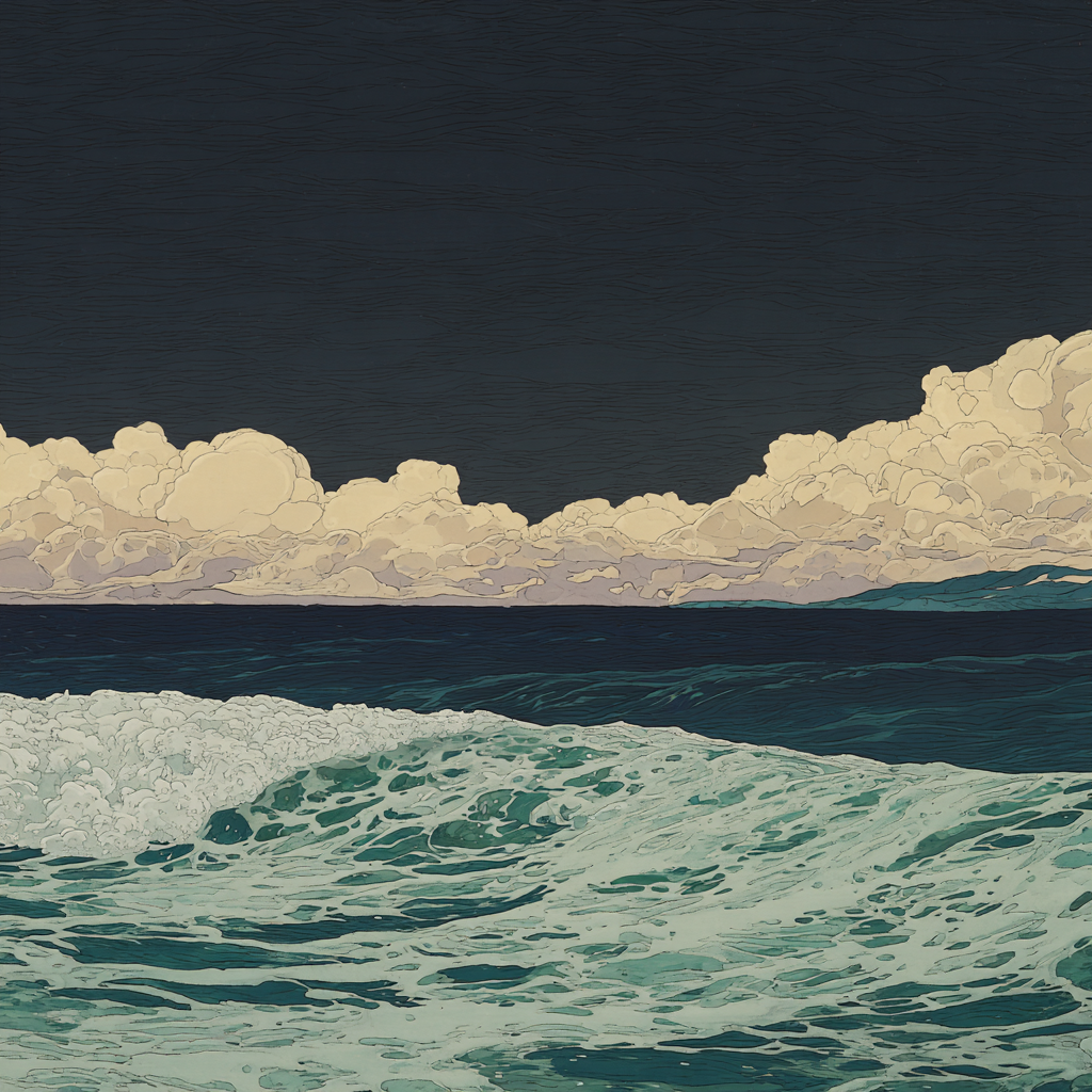 Blau Stylisierte Meeresszene Rolling Wellen Drama Cloud Formationen Dunkler Himmel | Petrol Maritim Delfter Blau | Farbenwelten