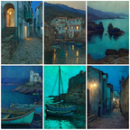Blau Tranquile Küstenlandschaften Malerei Collage | Petrol Maritim Delfter Blau | Farbenwelten
