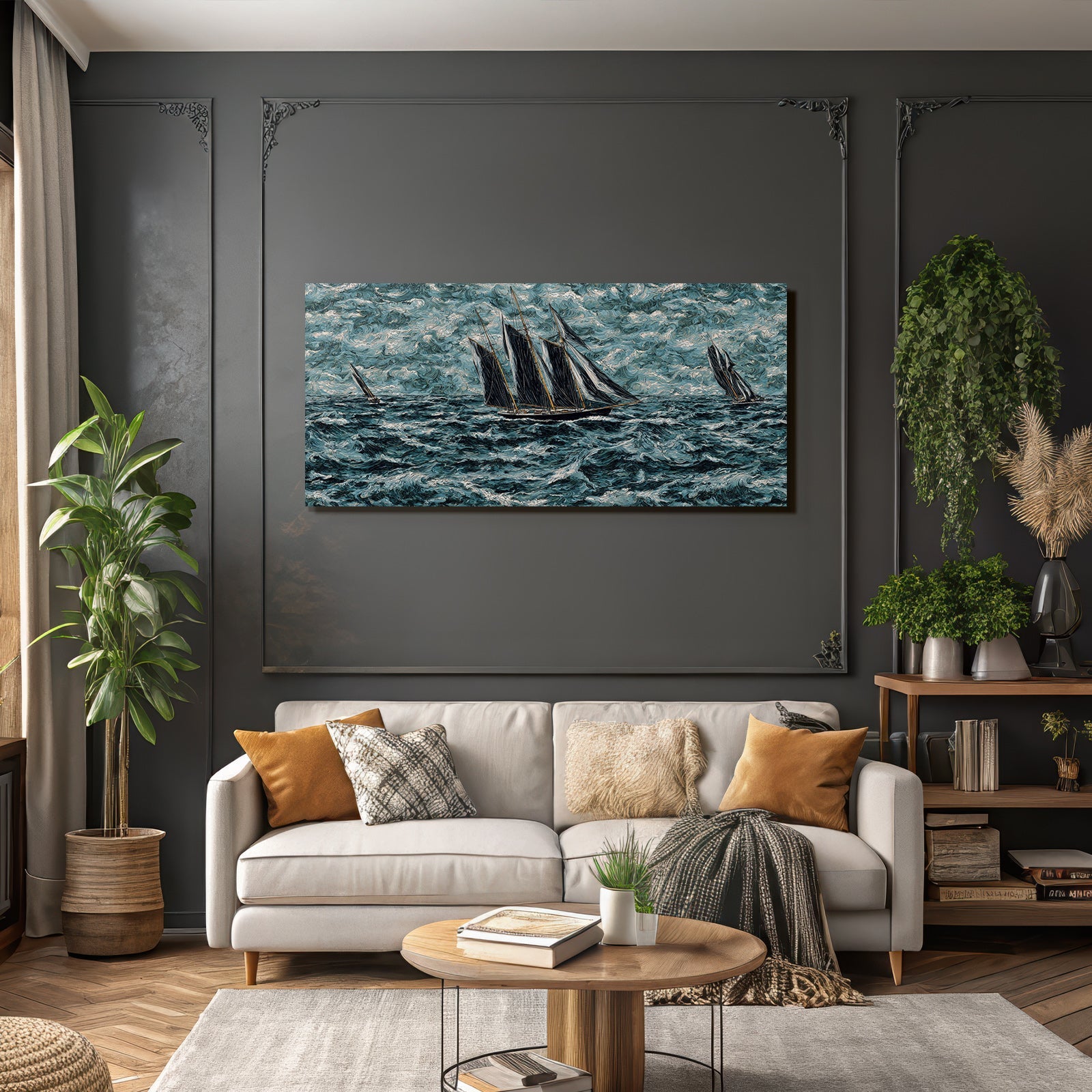 Blau Segelboote In Stürmischer See Unter Dynamischem Himmel