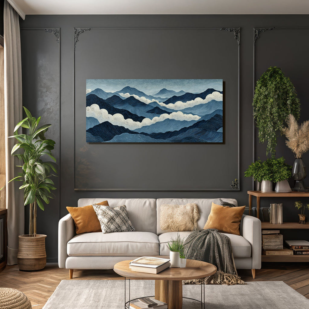 Blau Berglandschaft Und Wolken Stilisierte Illustration Blaü Und Weisse Töne