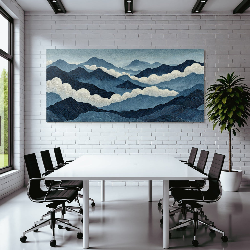 Blau Berglandschaft Und Wolken Stilisierte Illustration Blaü Und Weisse Töne