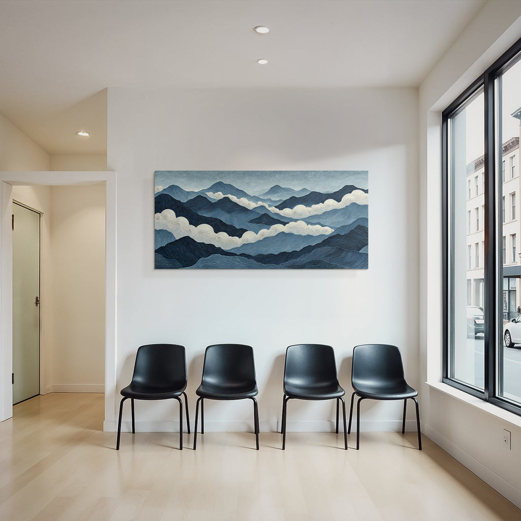 Blau Berglandschaft Und Wolken Stilisierte Illustration Blaü Und Weisse Töne