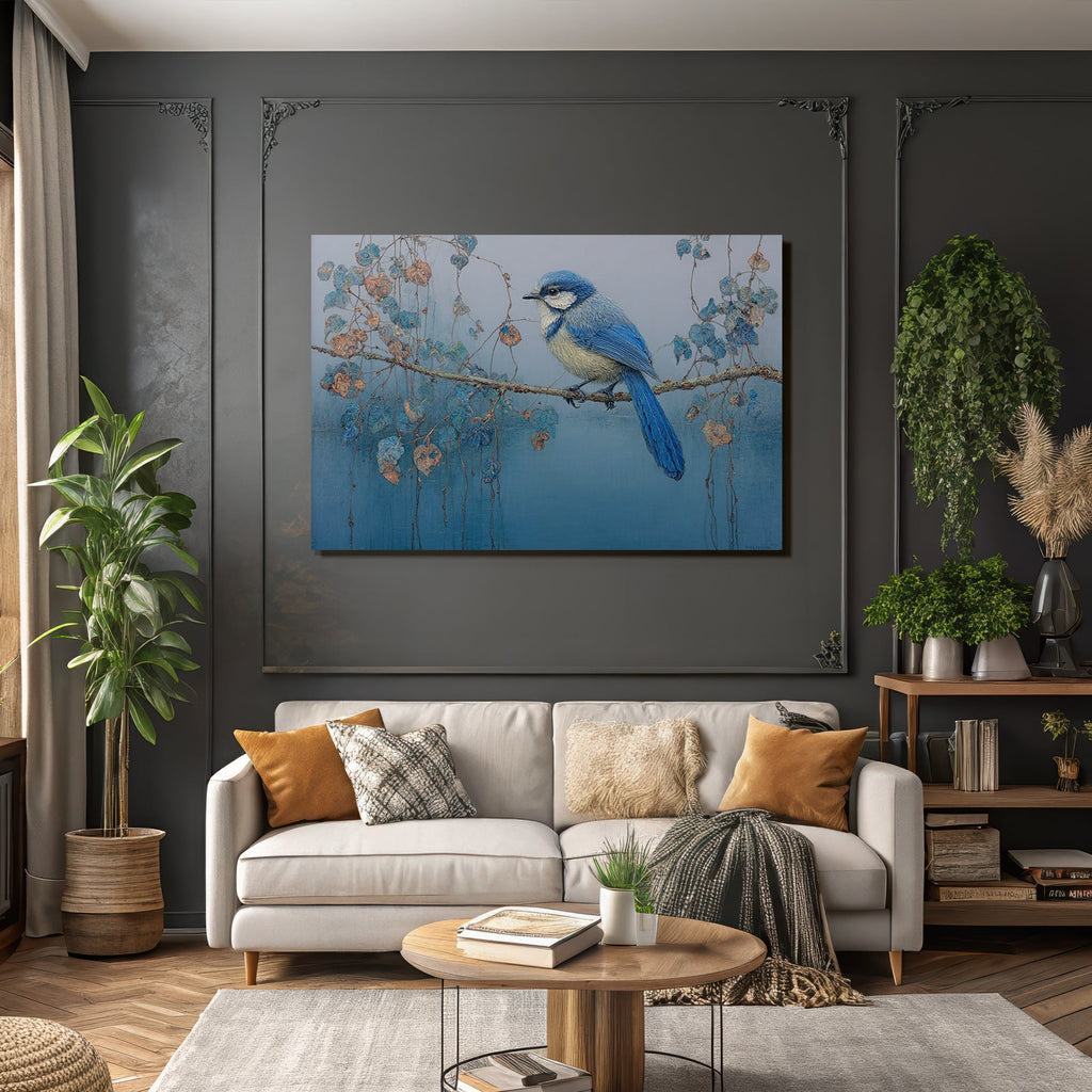 Blau Blaü Vogel Auf Ast Umgeben Von Farbenfrohen Blättern In Ruhe Harmonie