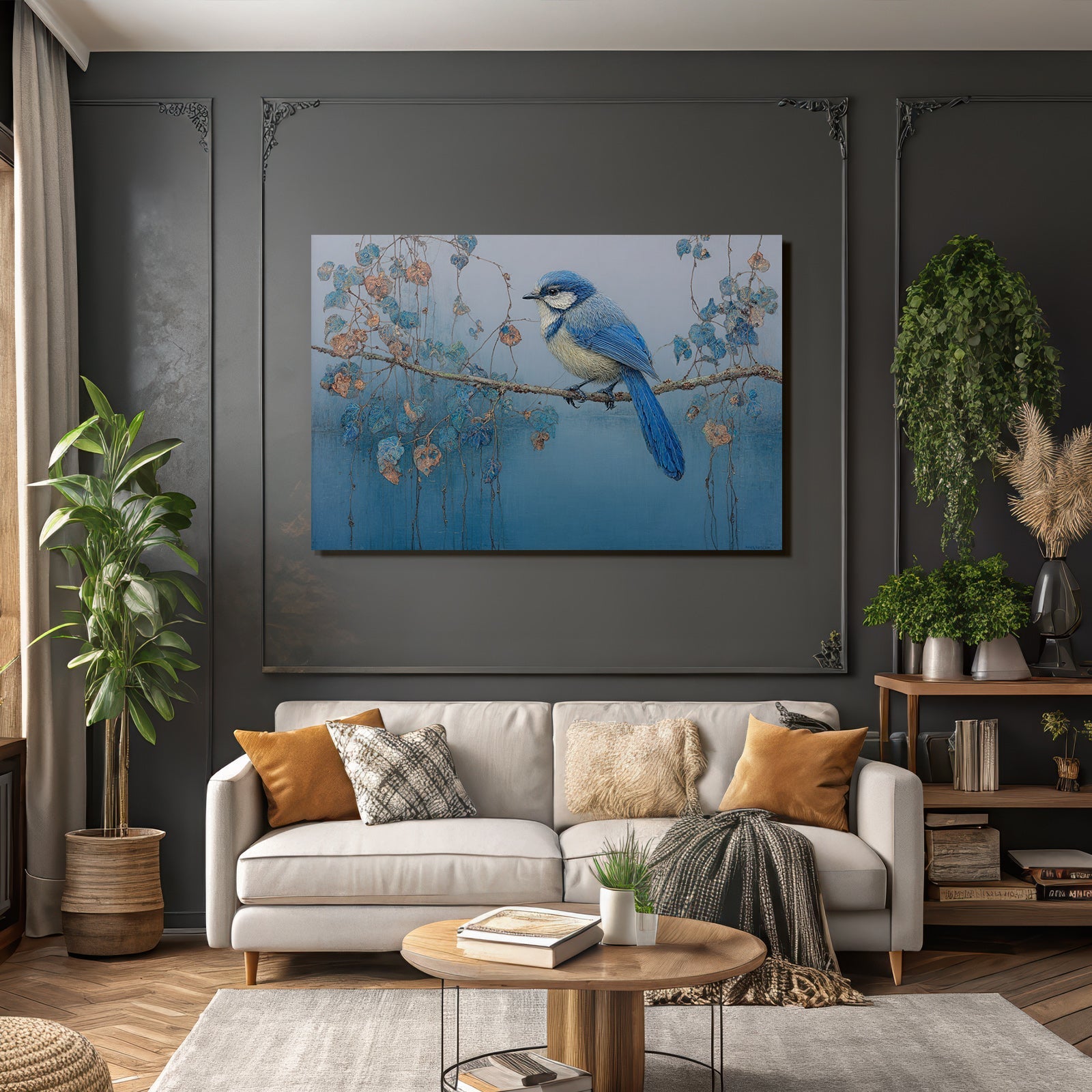 Blau Blaü Vogel Auf Ast Umgeben Von Farbenfrohen Blättern In Ruhe Harmonie