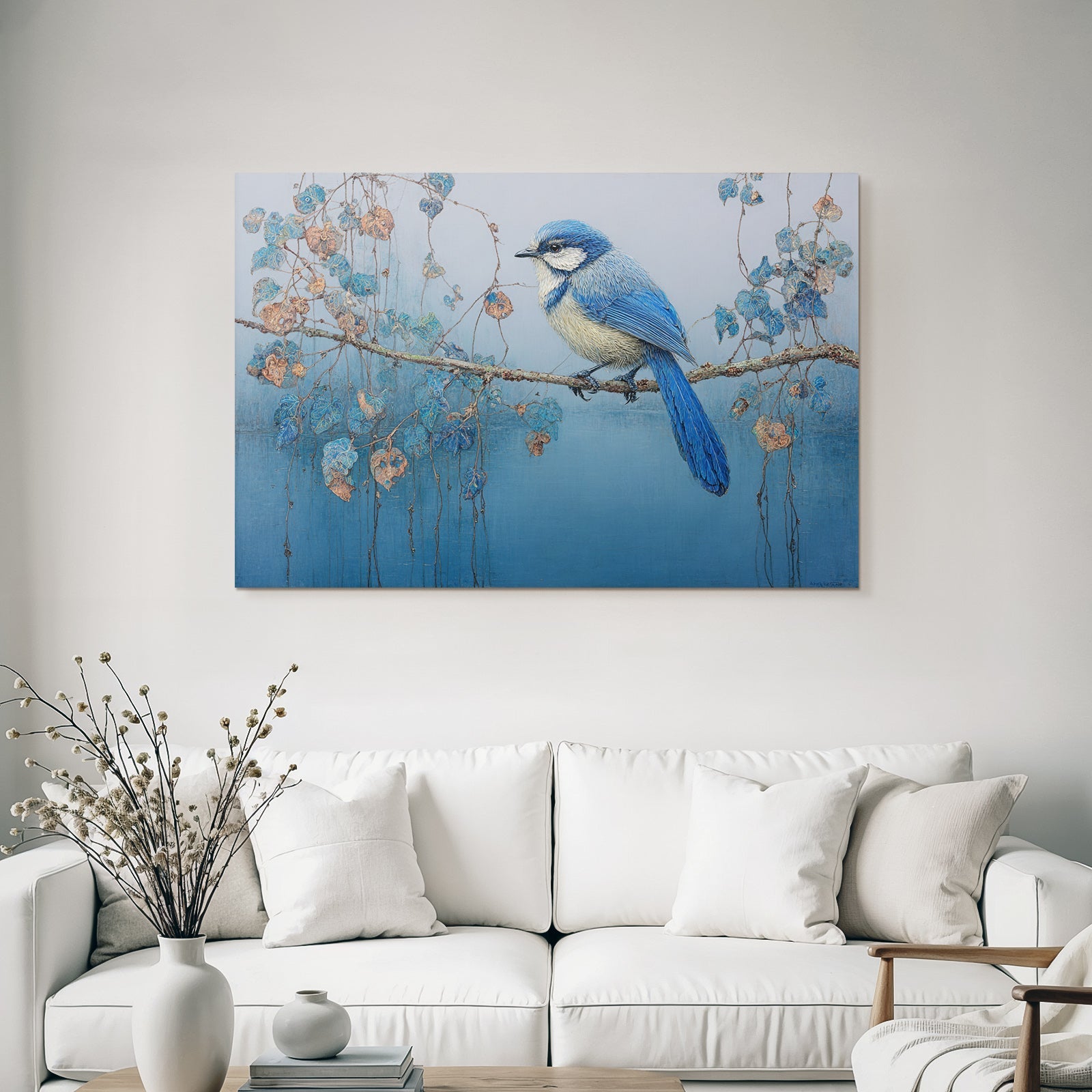 Blau Blaü Vogel Auf Ast Umgeben Von Farbenfrohen Blättern In Ruhe Harmonie