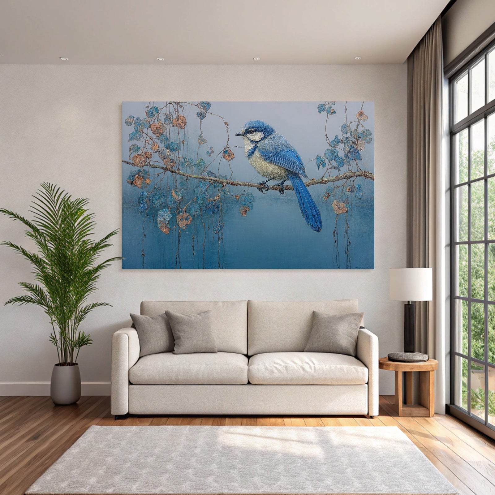 Blau Blaü Vogel Auf Ast Umgeben Von Farbenfrohen Blättern In Ruhe Harmonie