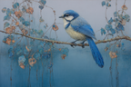 Blau Blaü Vogel Auf Ast Umgeben Von Farbenfrohen Blättern In Ruhe Harmonie | Petrol Maritim Delfter Blau | Farbenwelten