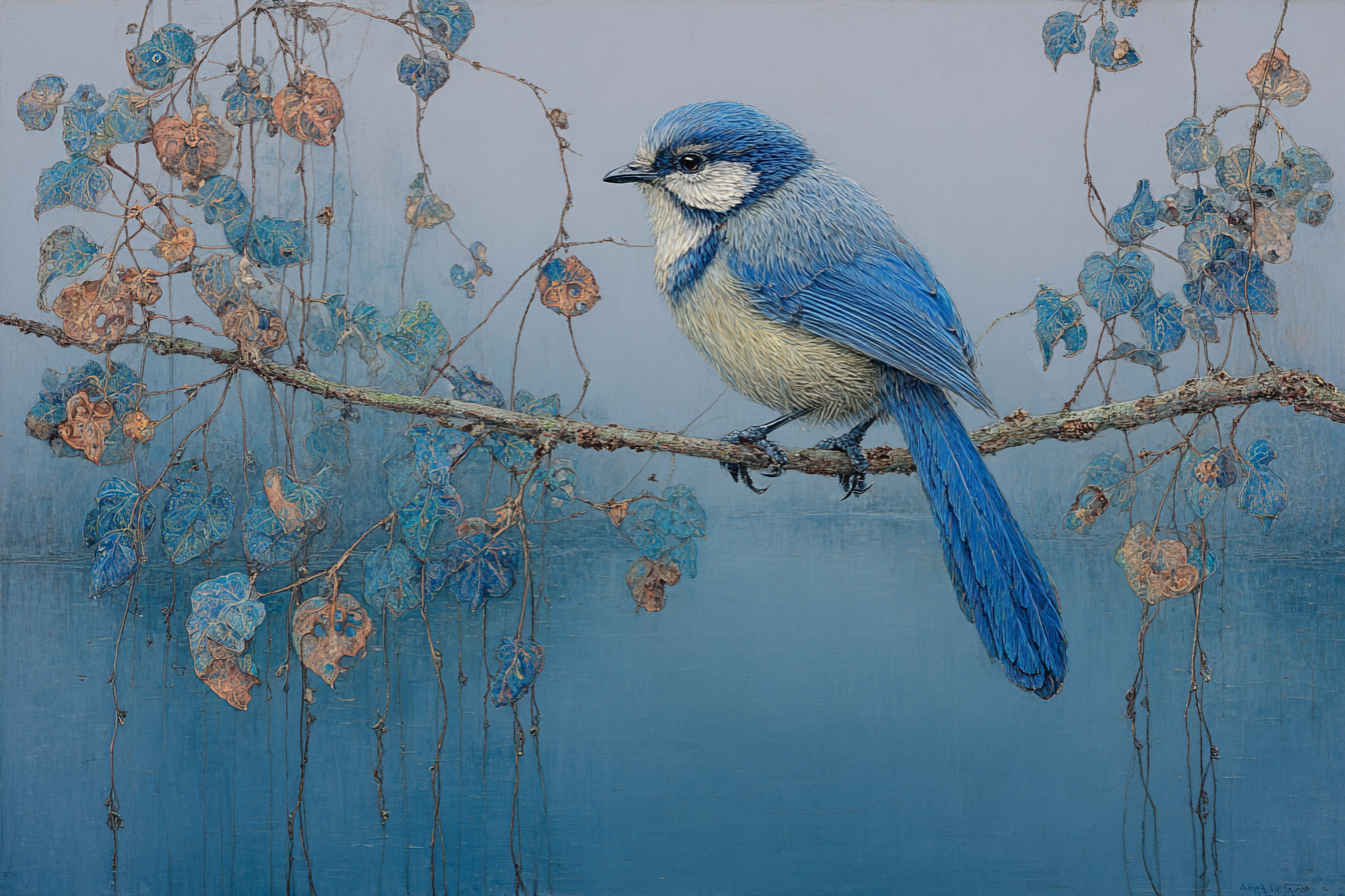 Blau Blaü Vogel Auf Ast Umgeben Von Farbenfrohen Blättern In Ruhe Harmonie | Petrol Maritim Delfter Blau | Farbenwelten