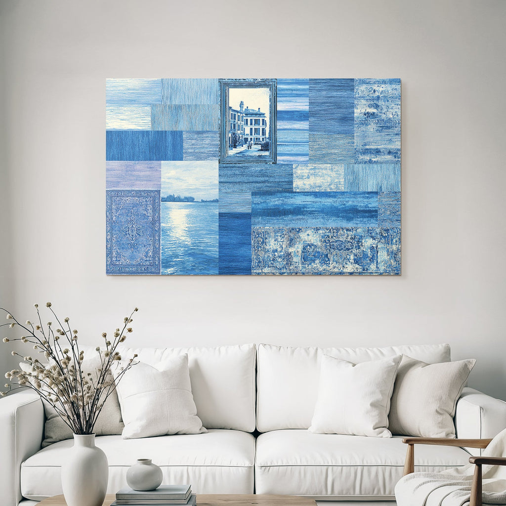 Blau Blaüs Collage Mit Muster Und Szenischer Ansicht