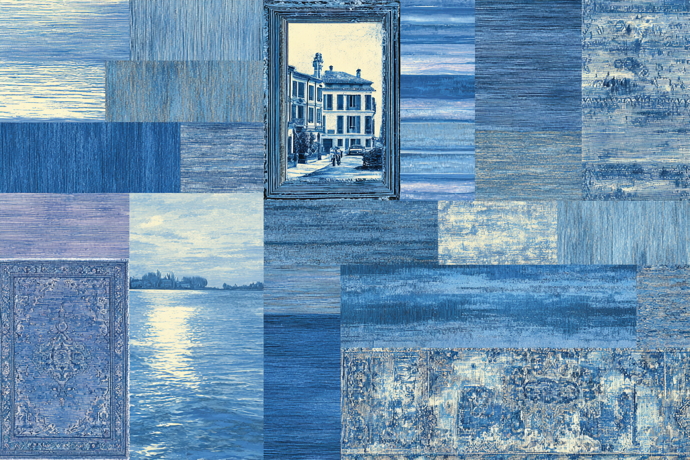 Blau Blaüs Collage Mit Muster Und Szenischer Ansicht | Petrol Maritim Delfter Blau | Farbenwelten