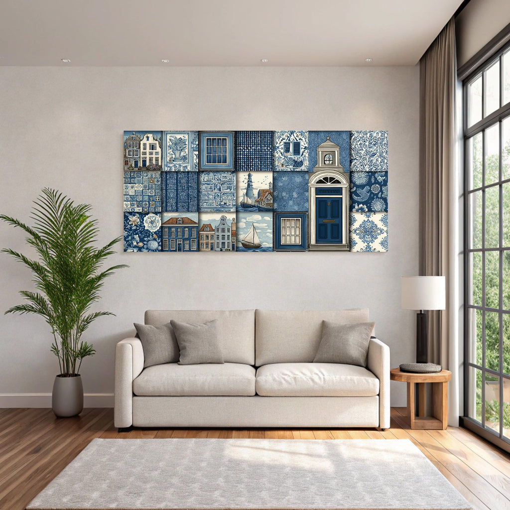 Blau Blaüs Collage Niederländische Architektur Florale Muster Meer Szenen Dekorative Fliesen