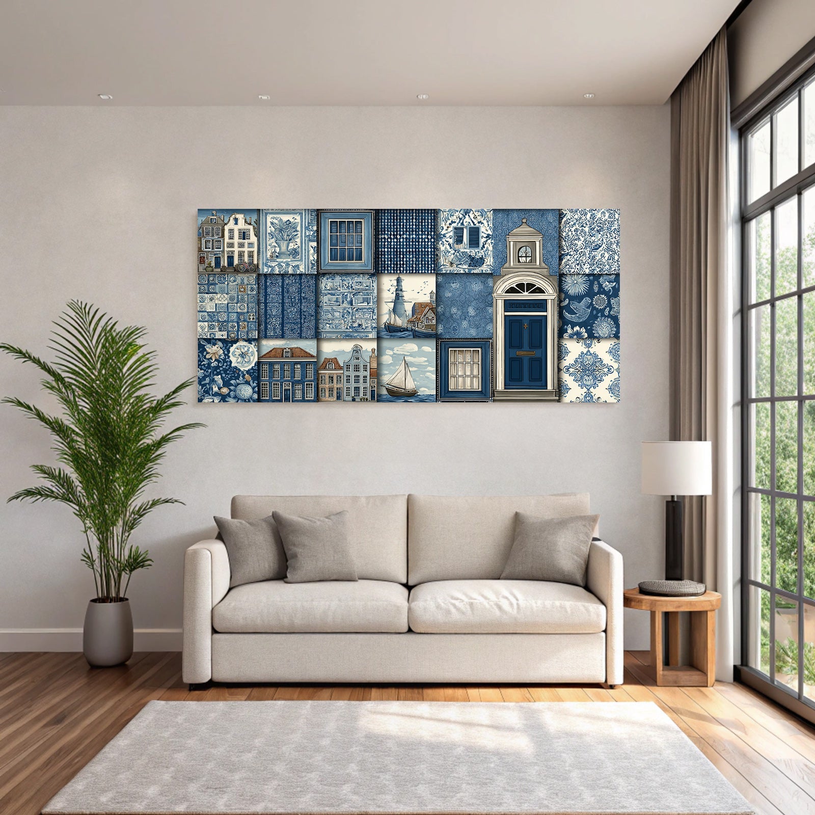 Blau Blaüs Collage Niederländische Architektur Florale Muster Meer Szenen Dekorative Fliesen