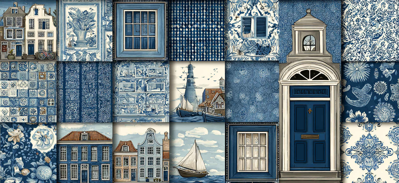Blau Blaüs Collage Niederländische Architektur Florale Muster Meer Szenen Dekorative Fliesen | Petrol Maritim Delfter Blau | Farbenwelten