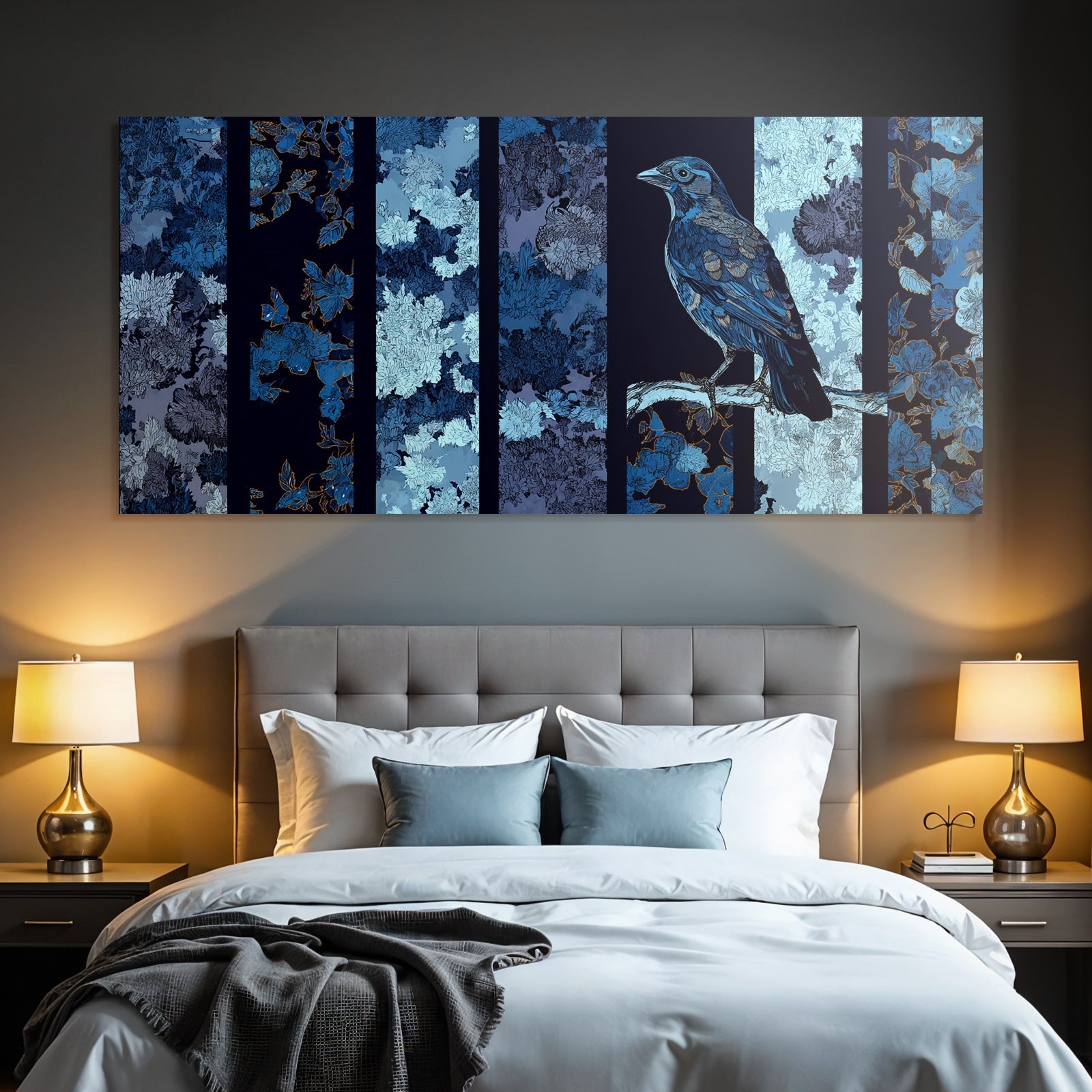 Blau Blumige Muster Und Vogel In Blau