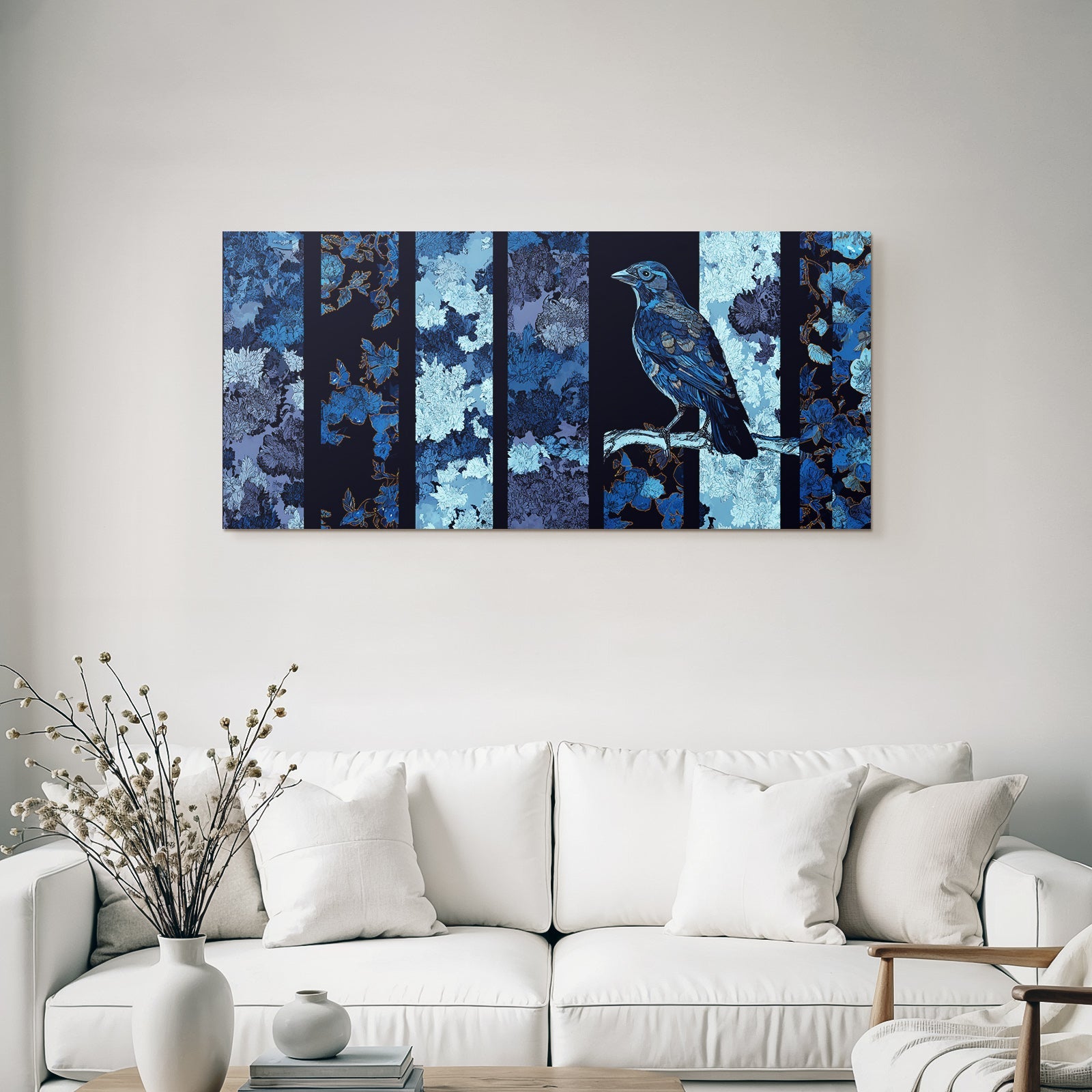 Blau Blumige Muster Und Vogel In Blau