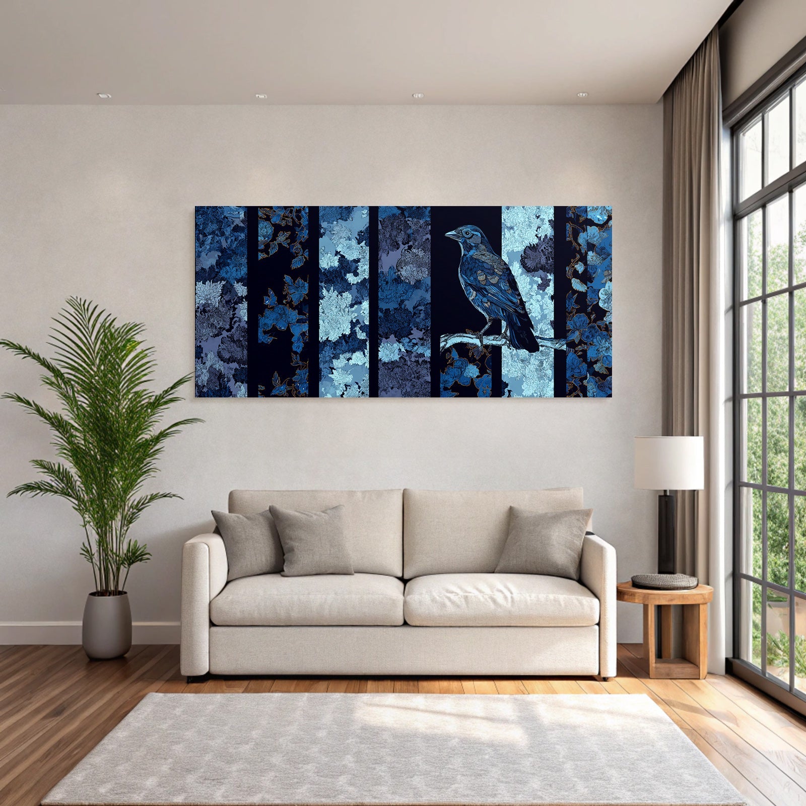 Blau Blumige Muster Und Vogel In Blau