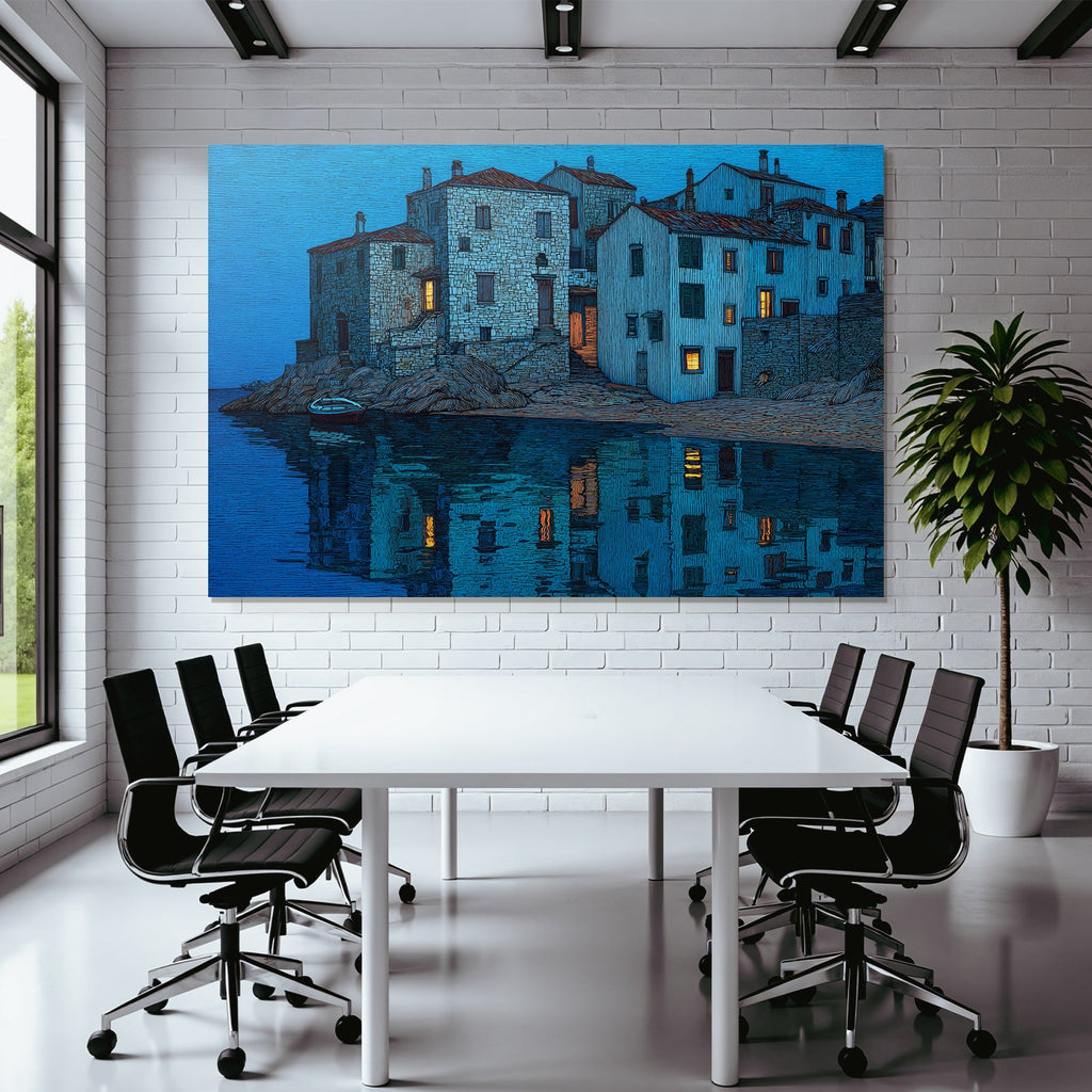 Blau Friedliche Ufer Szene Steinhäuser Und Licht Reflexionen