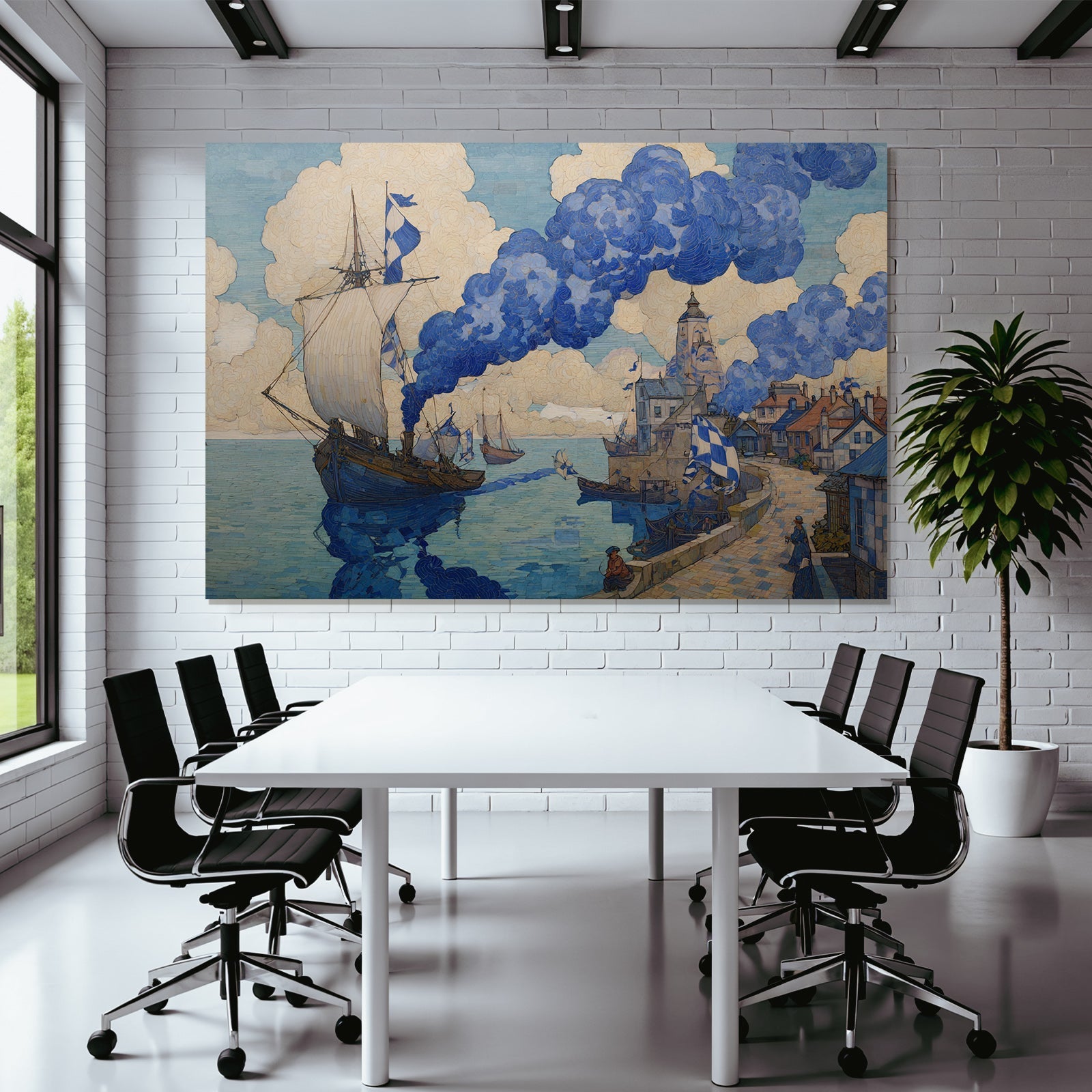 Blau Hafen Szenen Schiffe Rauch Und Wasserfront Darstellung