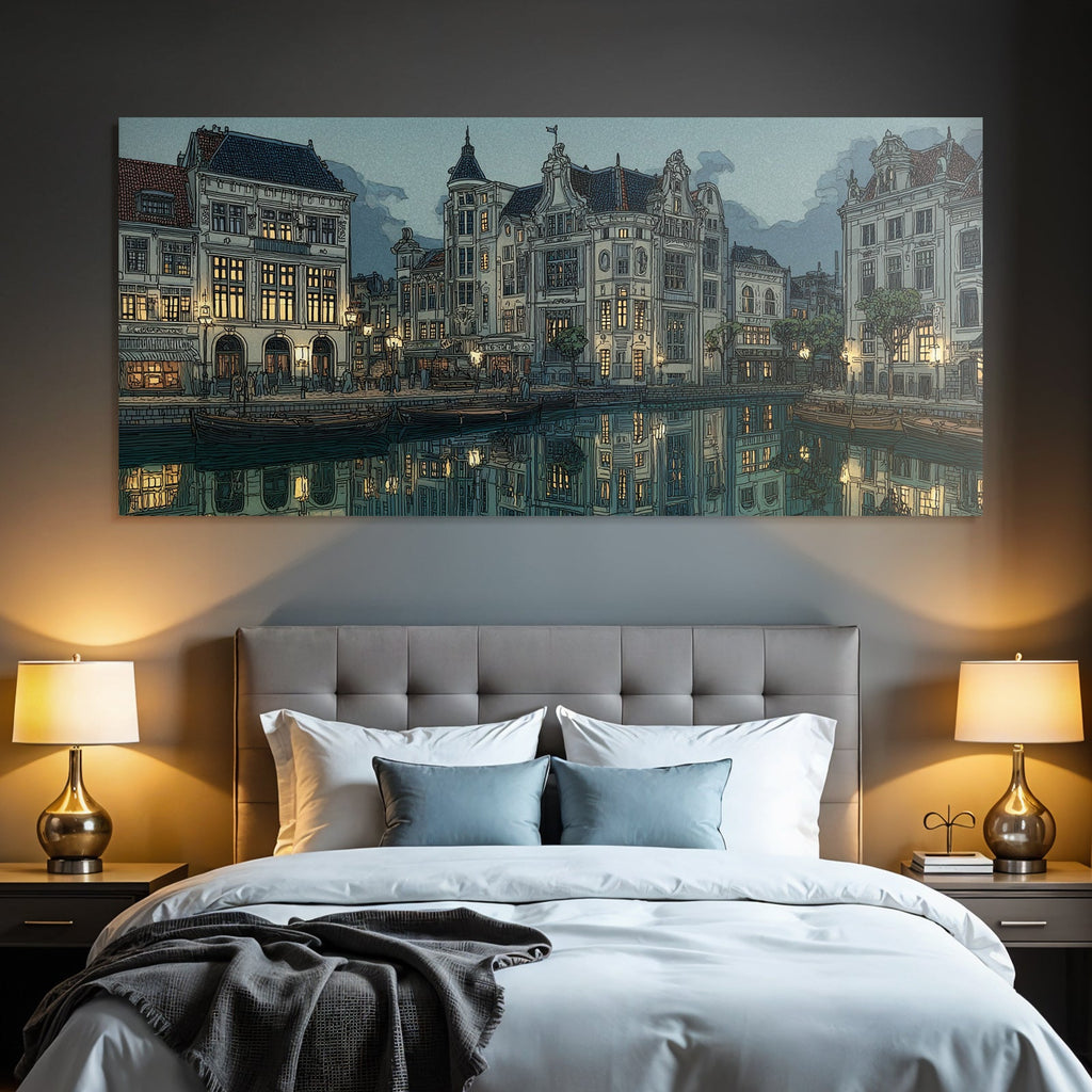 Blue canal scene with architectural details and reflections in the water