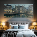 Blue canal scene with architectural details and reflections in the water