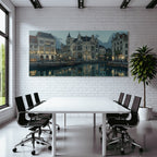 Blue canal scene with architectural details and reflections in the water