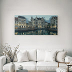 Blue canal scene with architectural details and reflections in the water