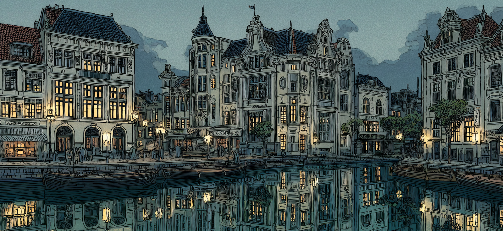 Blau Kanalszene Mit Architektonischen Details Reflektionen Im Wasser | Petrol Maritim Delfter Blau | Farbenwelten