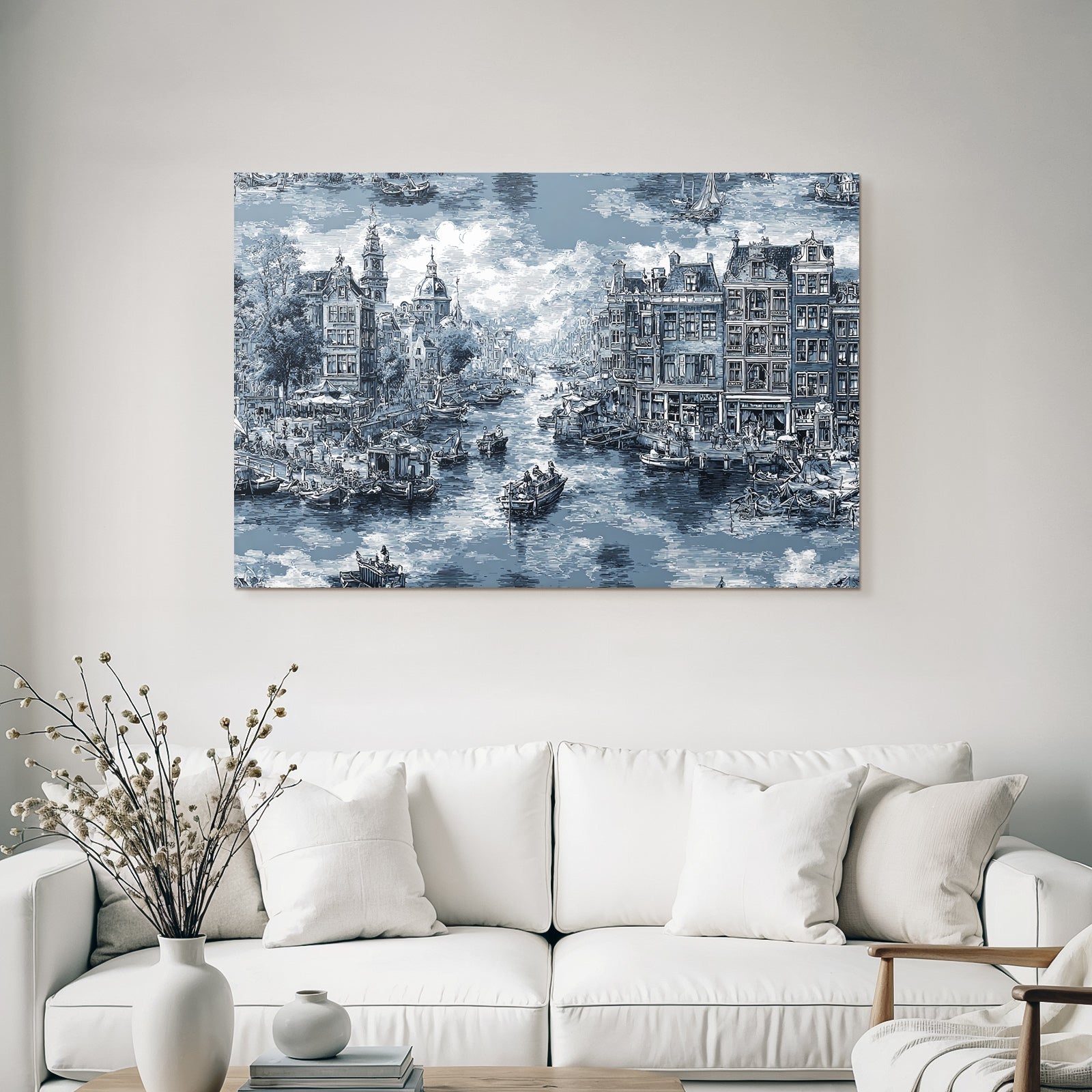 Blau Kanalszene Mit Gebäuden Boote Und Menschen Monochrom Blau